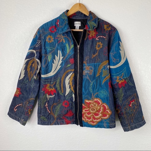 Chico's Jackets & Blazers - Chico’s Denim Floral Embroidered Zip Jacket
